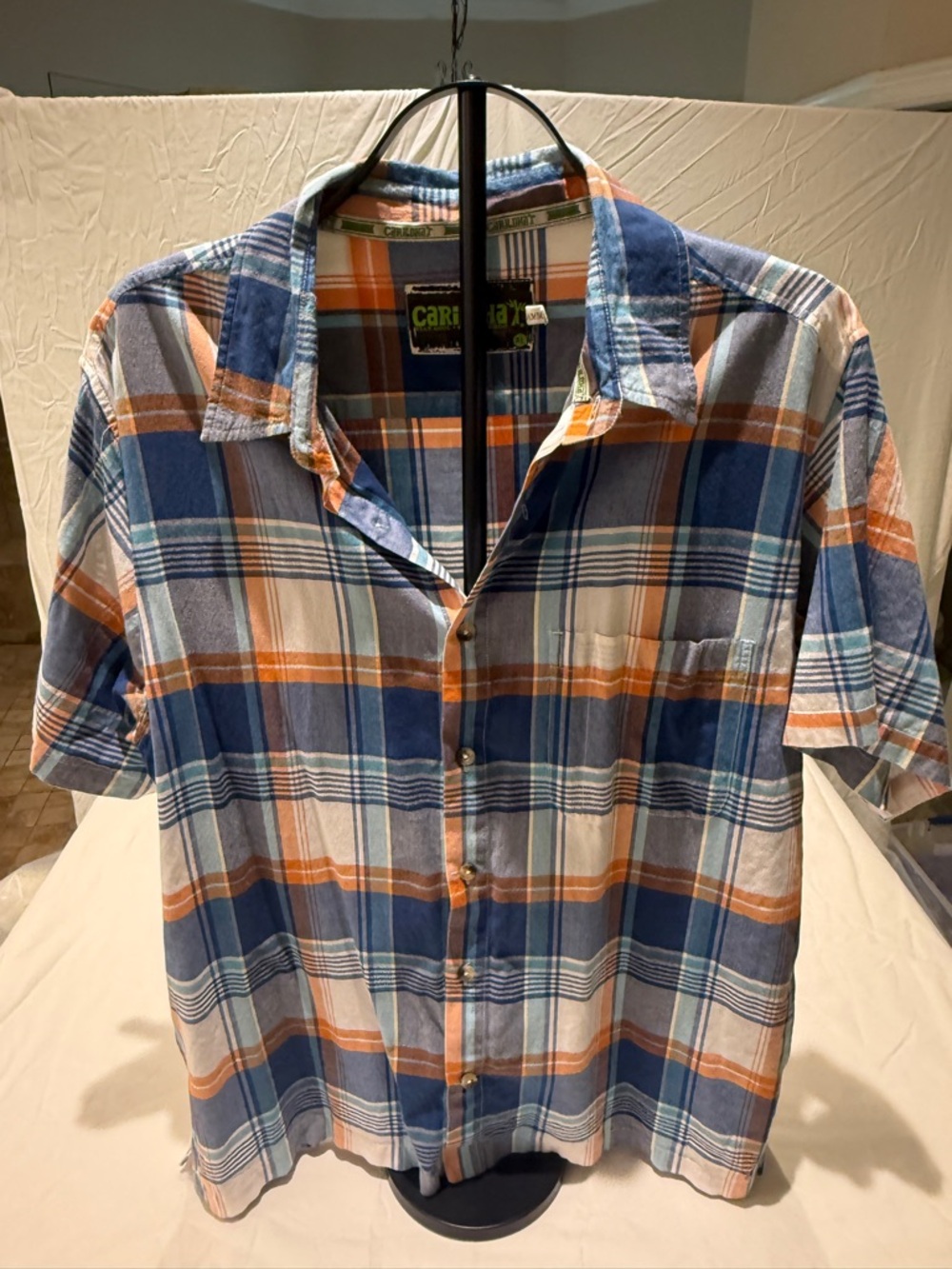 Cariloha Navy Blue and Orange Plaid Short-Sleeve Button-Down Shirt